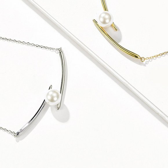 NEW Silver Gold Curved Line Stick Pearl Necklace - Picture 2 of 6